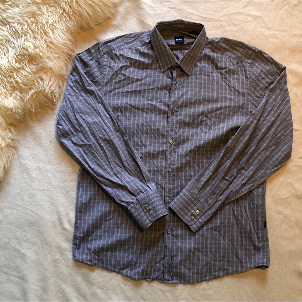 Hugo Boss Grey Pink Plaid Regular Fit Dress Shirt